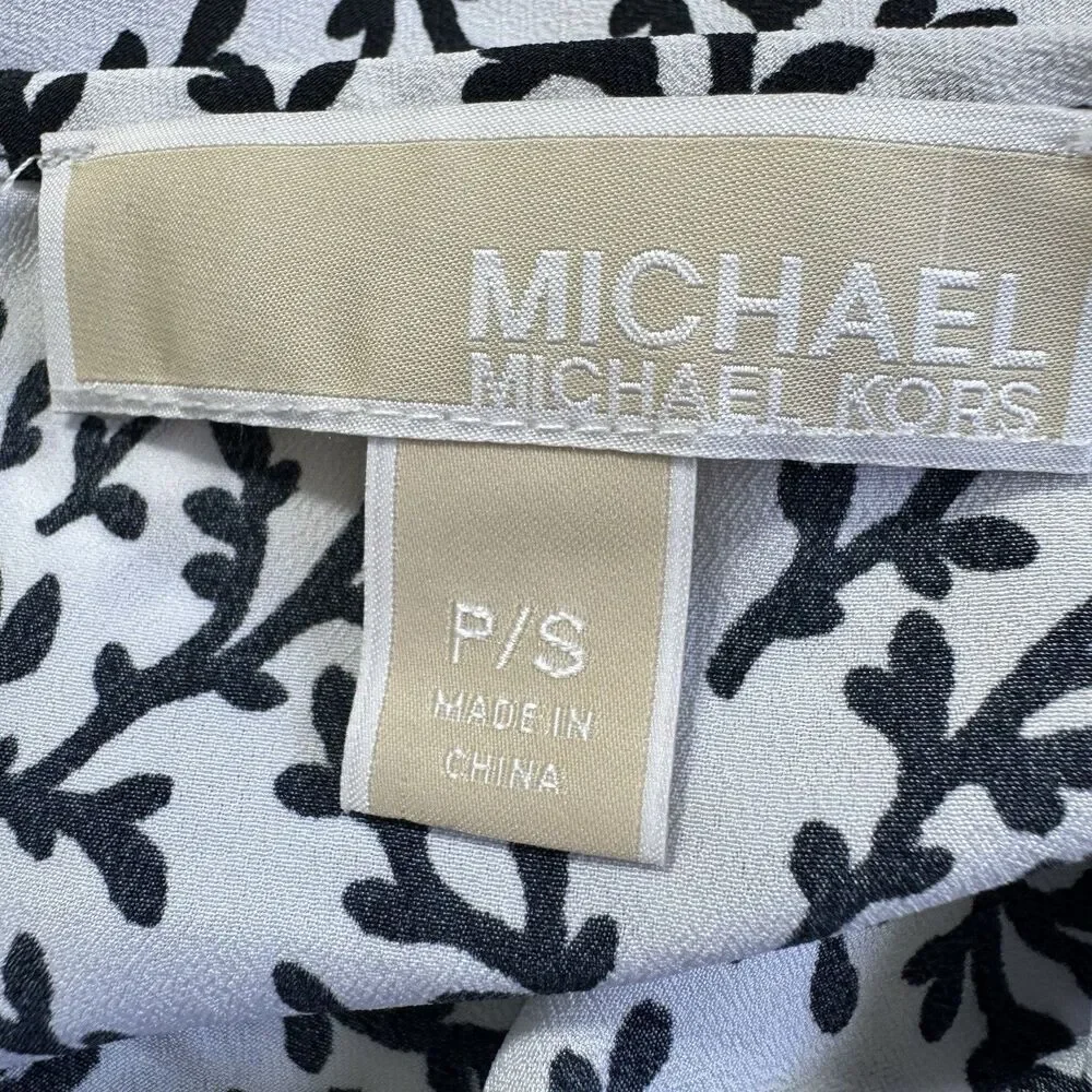 MICHAEL Michael Kors Black and White Leaf Print Smocked Waist Blouse, S/P
